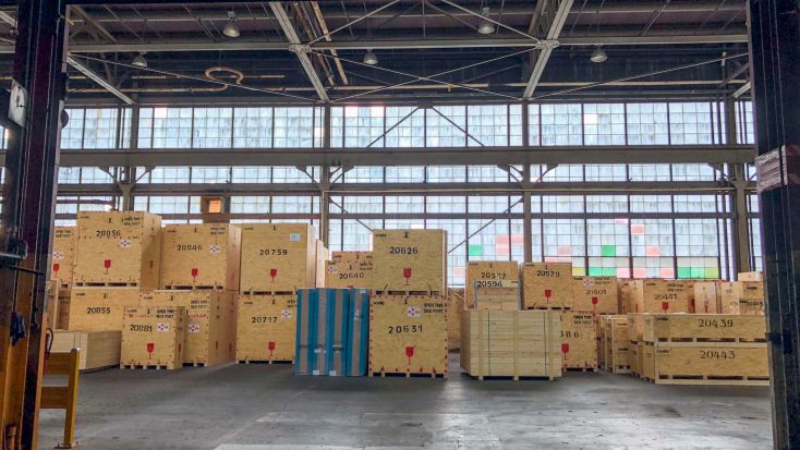 Bay Crane warehouse with wooden boxes